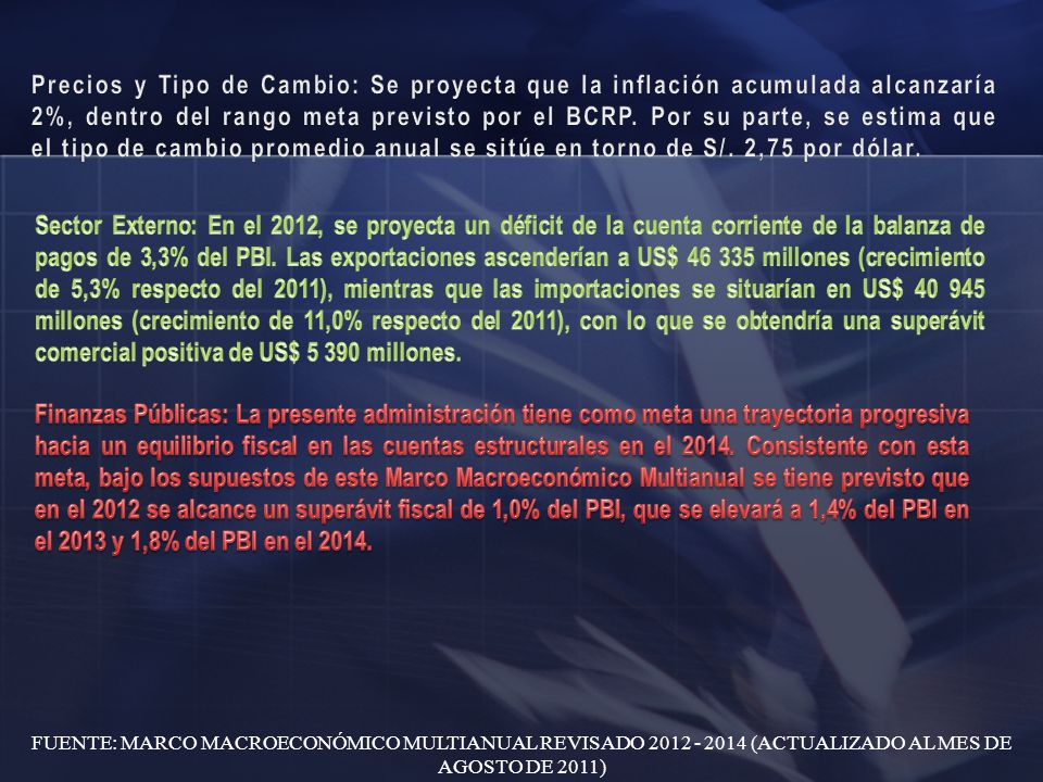 Precios y Tipo de Cambio: Se proyecta que la inflación acumulada alcanzaría 2%, dentro del rango meta previsto por el BCRP. Por su parte, se estima que el tipo de cambio promedio anual se sitúe en torno de S/. 2,75 por dólar.