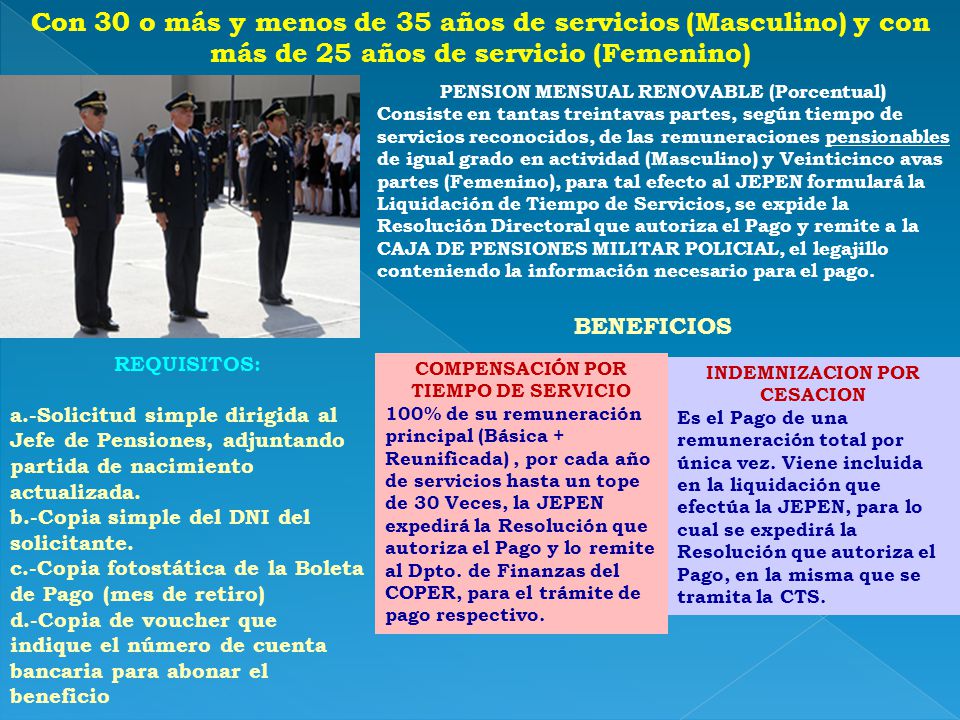 Con 30 o más y menos de 35 años de servicios (Masculino) y con más de 25 años de servicio (Femenino)
