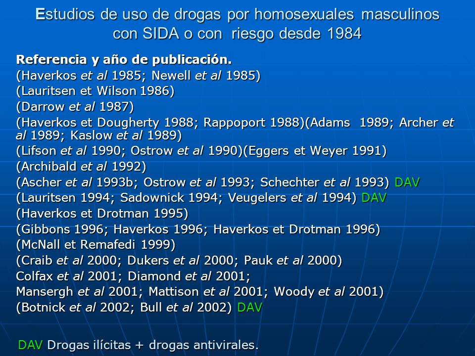Estudios de uso de drogas por homosexuales masculinos con SIDA o con riesgo desde 1984