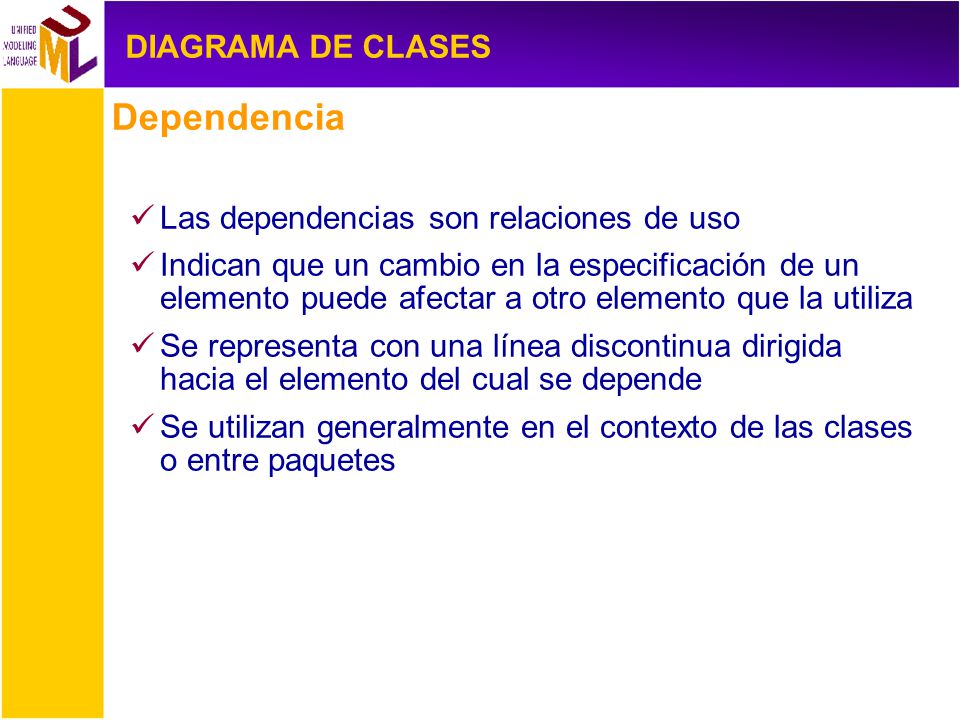 Dependencia DIAGRAMA DE CLASES Las dependencias son relaciones de uso