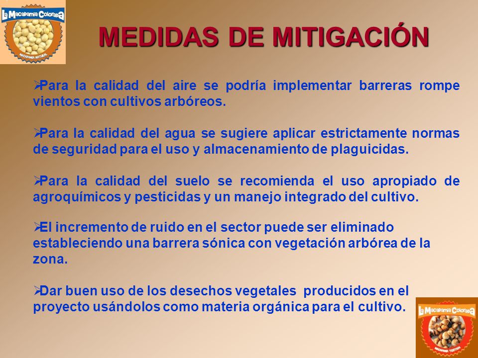 MEDIDAS DE MITIGACIÓN Para la calidad del aire se podría implementar barreras rompe vientos con cultivos arbóreos.