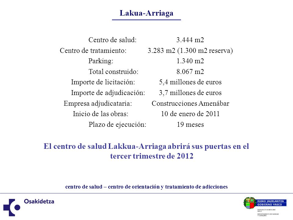 Lakua-Arriaga Centro de salud: m2. Centro de tratamiento: m2 (1.300 m2 reserva) Parking: m2.