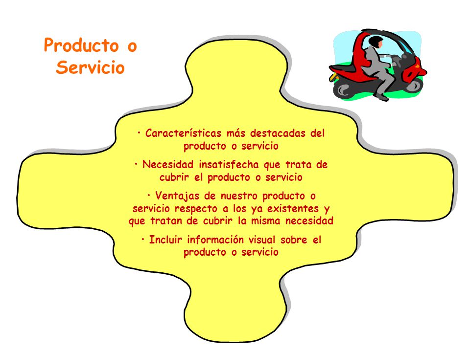 Producto o Servicio. Características más destacadas del producto o servicio. Necesidad insatisfecha que trata de cubrir el producto o servicio.