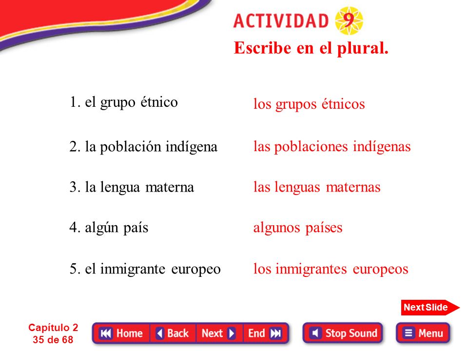 Escribe en el plural. 1. el grupo étnico los grupos étnicos