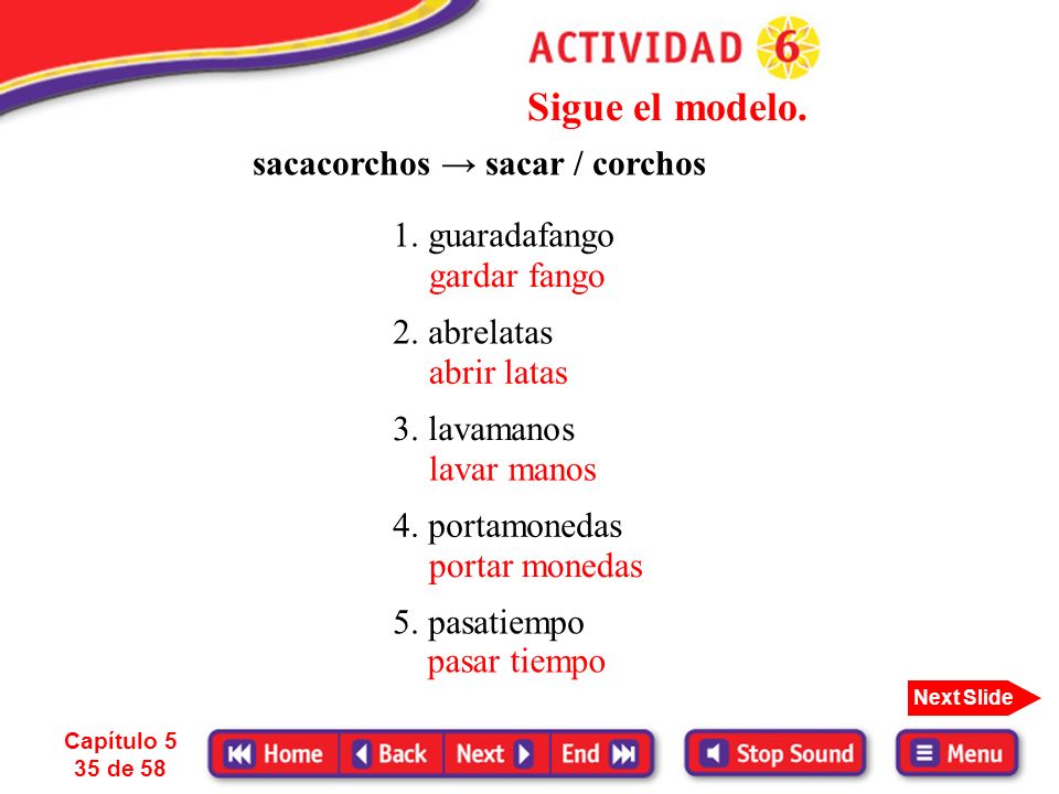 Sigue el modelo. sacacorchos → sacar / corchos 1. guaradafango