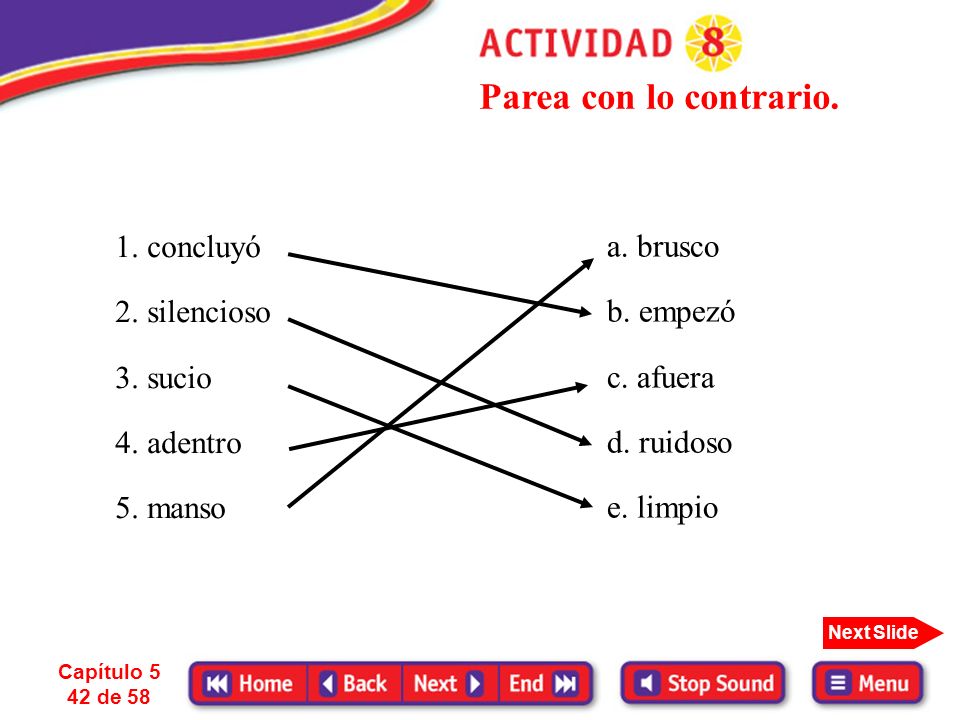 Parea con lo contrario. 1. concluyó 2. silencioso 3. sucio 4. adentro