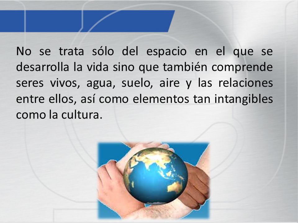 No se trata sólo del espacio en el que se desarrolla la vida sino que también comprende seres vivos, agua, suelo, aire y las relaciones entre ellos, así como elementos tan intangibles como la cultura.