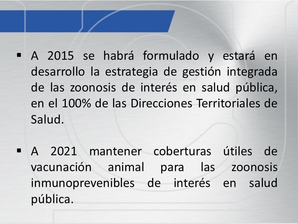 A 2015 se habrá formulado y estará en desarrollo la estrategia de gestión integrada de las zoonosis de interés en salud pública, en el 100% de las Direcciones Territoriales de Salud.