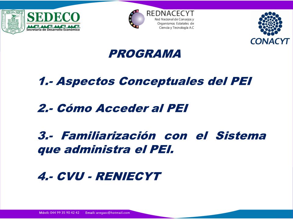 PROGRAMA 1.- Aspectos Conceptuales del PEI. 2.- Cómo Acceder al PEI. 3.- Familiarización con el Sistema que administra el PEI.
