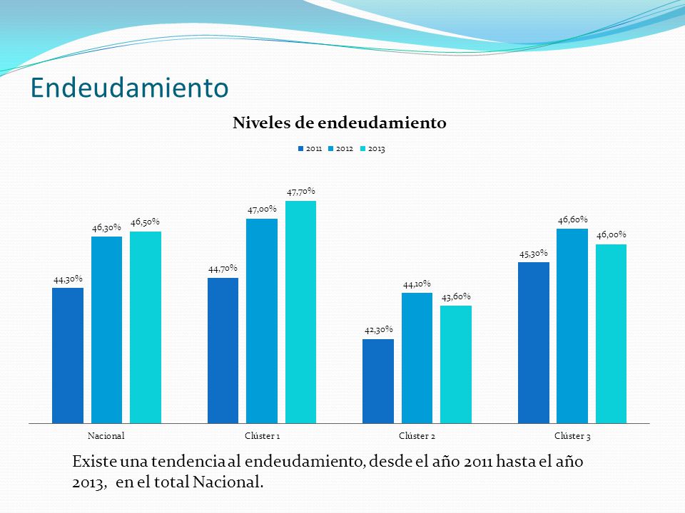 Endeudamiento Existe una tendencia al endeudamiento, desde el año 2011 hasta el año 2013, en el total Nacional.