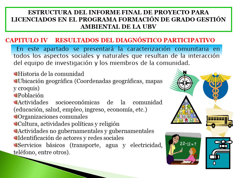 ESTRUCTURA DEL INFORME FINAL DE PROYECTO PARA LICENCIADOS EN EL PROGRAMA FORMACIÓN DE GRADO GESTIÓN AMBIENTAL DE LA UBV