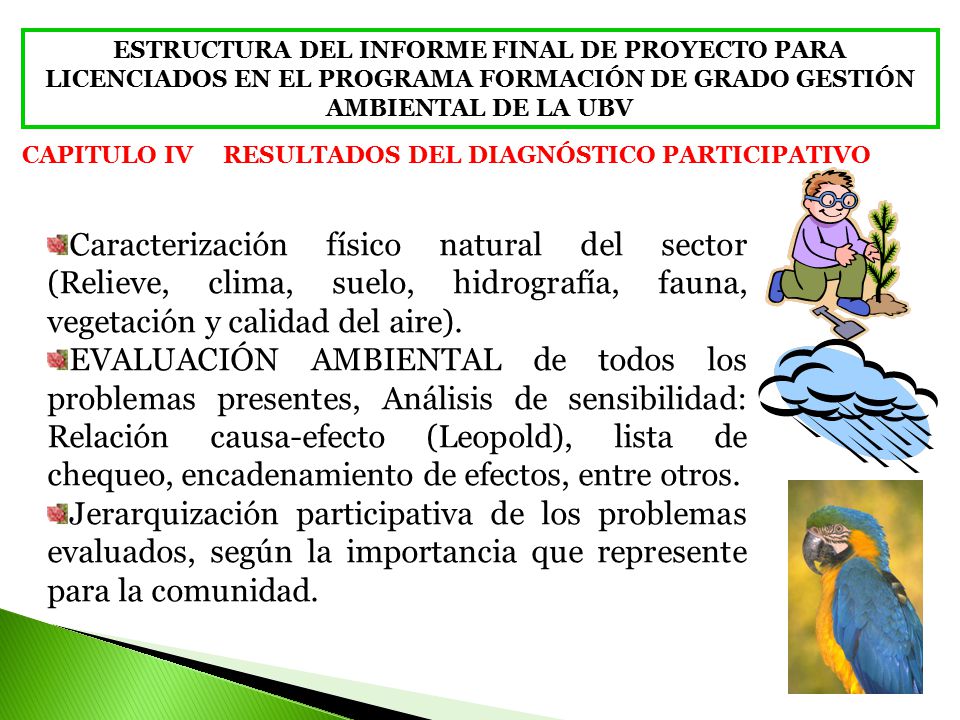 ESTRUCTURA DEL INFORME FINAL DE PROYECTO PARA LICENCIADOS EN EL PROGRAMA FORMACIÓN DE GRADO GESTIÓN AMBIENTAL DE LA UBV