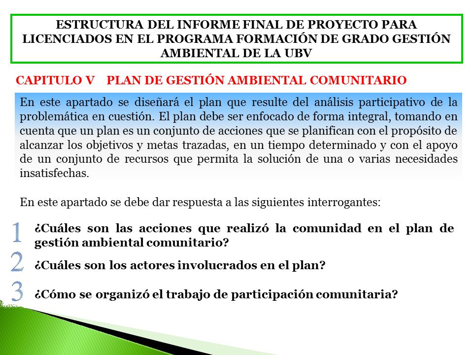 ESTRUCTURA DEL INFORME FINAL DE PROYECTO PARA LICENCIADOS EN EL PROGRAMA FORMACIÓN DE GRADO GESTIÓN AMBIENTAL DE LA UBV
