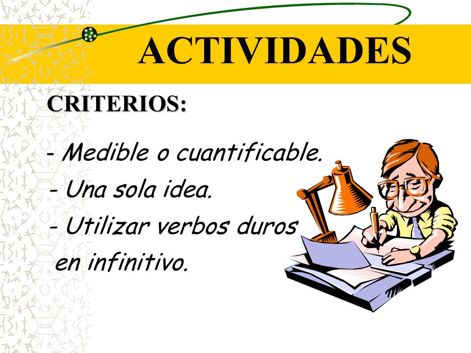 ACTIVIDADES CRITERIOS: - Medible o cuantificable. - Una sola idea.