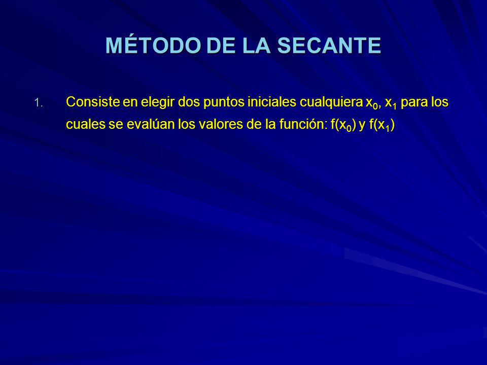 MÉTODO DE LA SECANTE Consiste en elegir dos puntos iniciales cualquiera x0, x1 para los cuales se evalúan los valores de la función: f(x0) y f(x1)