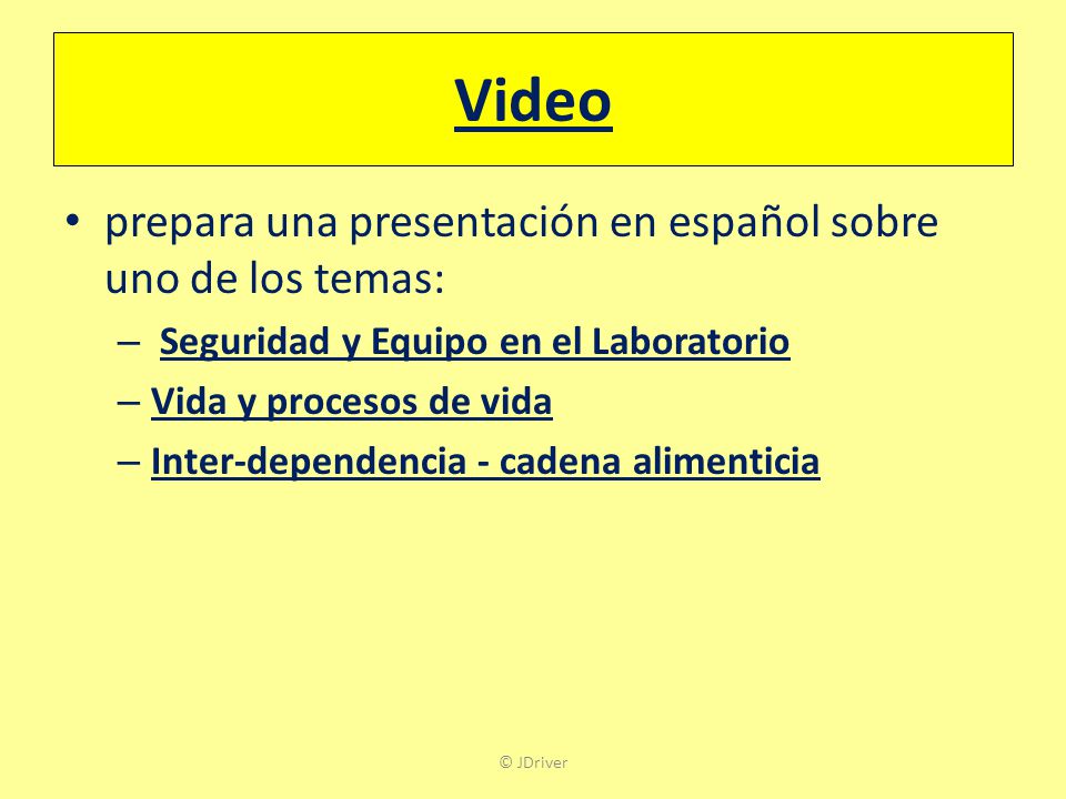 Video prepara una presentación en español sobre uno de los temas: