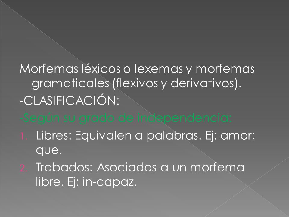 Morfemas léxicos o lexemas y morfemas gramaticales (flexivos y derivativos).