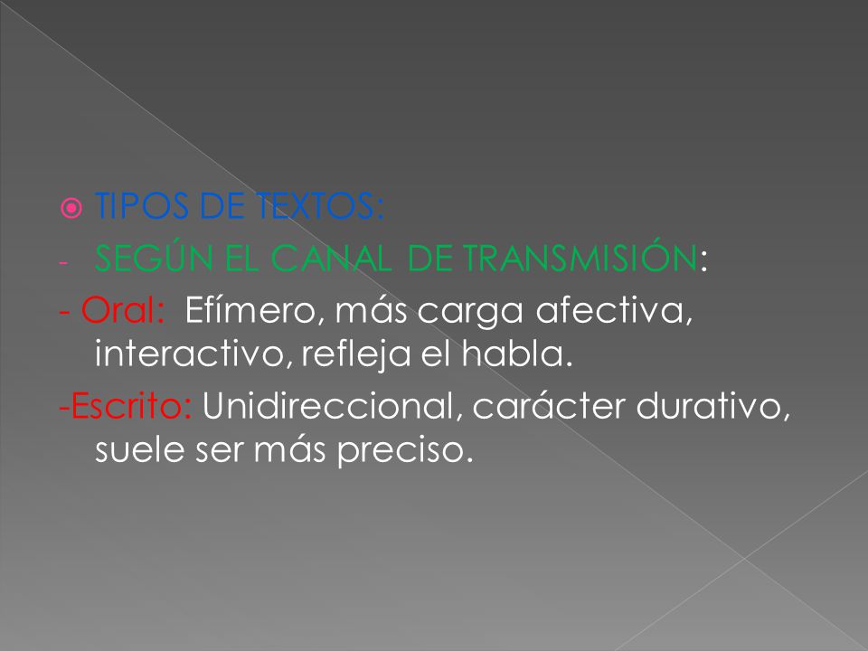 TIPOS DE TEXTOS: SEGÚN EL CANAL DE TRANSMISIÓN: - Oral: Efímero, más carga afectiva, interactivo, refleja el habla.