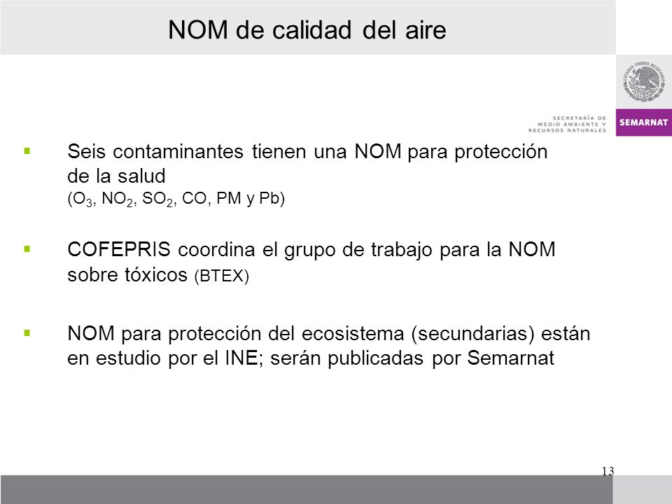 NOM de calidad del aire Seis contaminantes tienen una NOM para protección de la salud (O3, NO2, SO2, CO, PM y Pb)