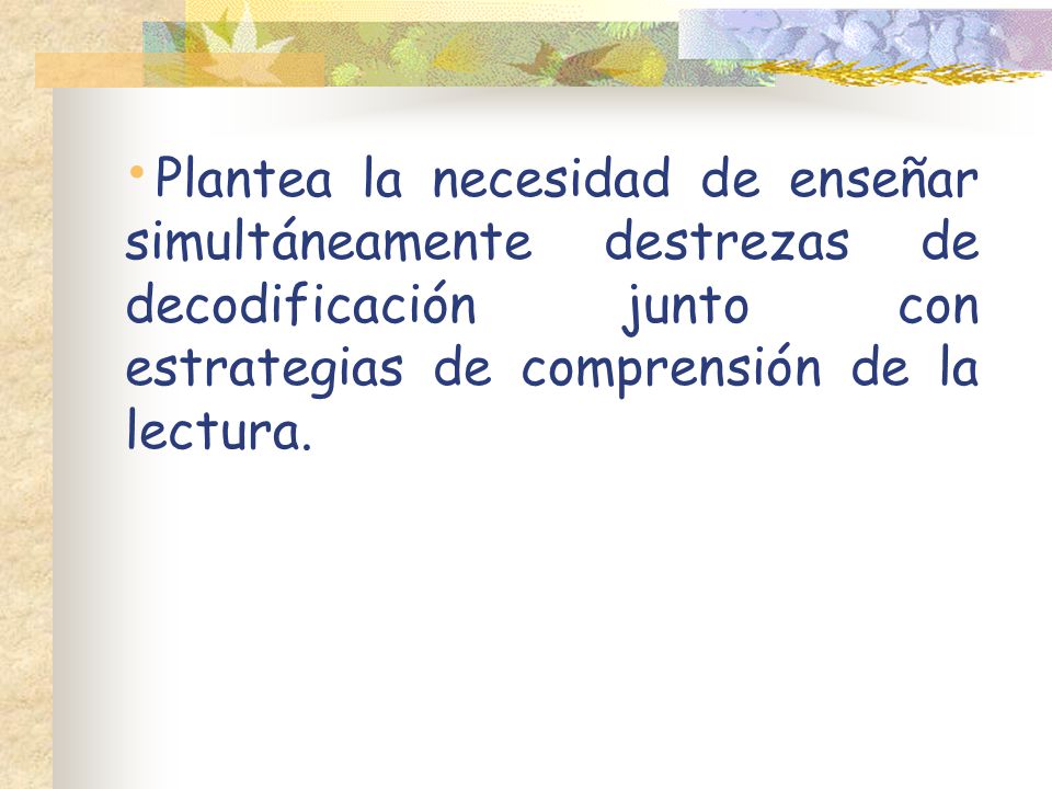 Plantea la necesidad de enseñar simultáneamente destrezas de decodificación junto con estrategias de comprensión de la lectura.