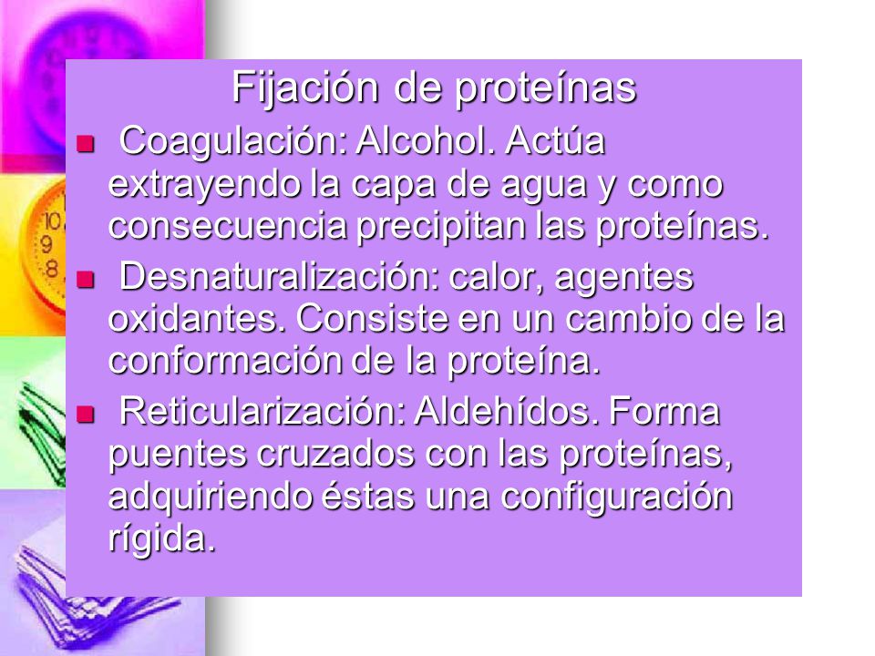 Fijación de proteínas Coagulación: Alcohol. Actúa extrayendo la capa de agua y como consecuencia precipitan las proteínas.