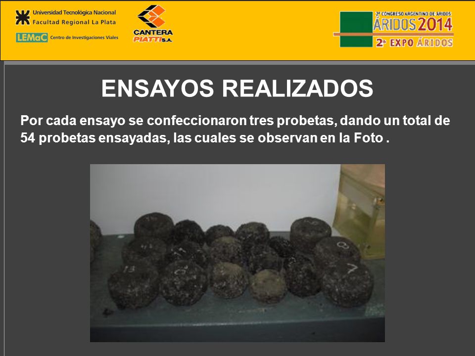 ENSAYOS REALIZADOS Por cada ensayo se confeccionaron tres probetas, dando un total de 54 probetas ensayadas, las cuales se observan en la Foto .