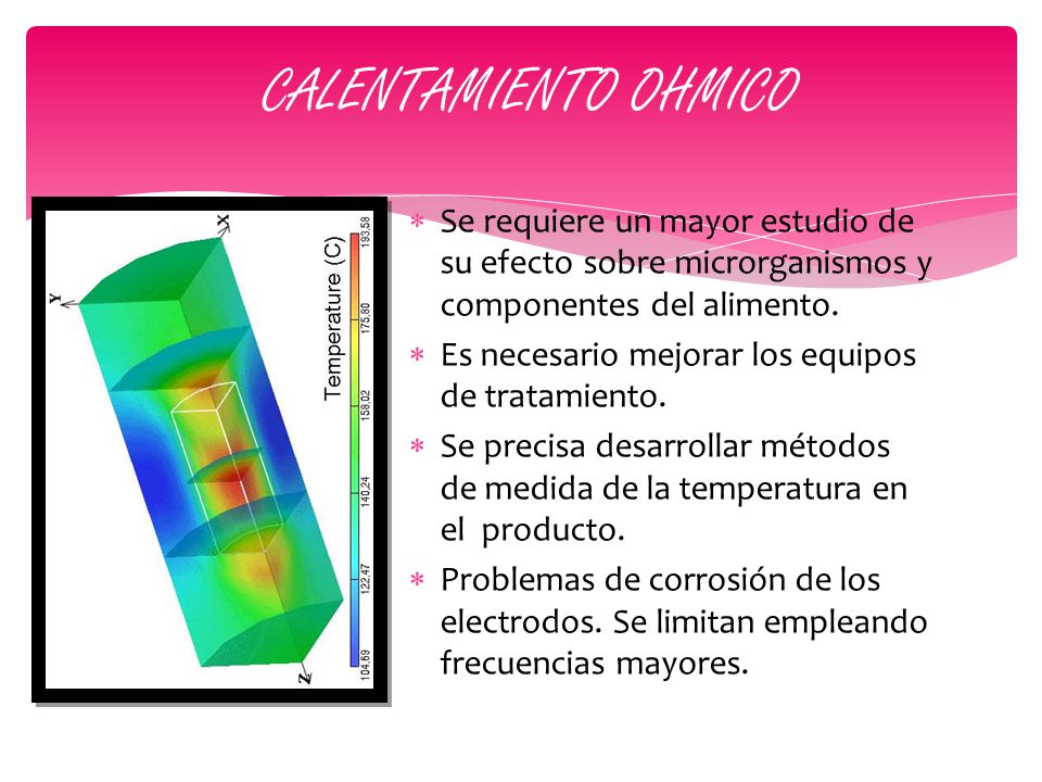 CALENTAMIENTO OHMICO Se requiere un mayor estudio de su efecto sobre microrganismos y componentes del alimento.