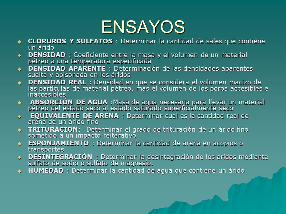 ENSAYOS CLORUROS Y SULFATOS : Determinar la cantidad de sales que contiene un árido.