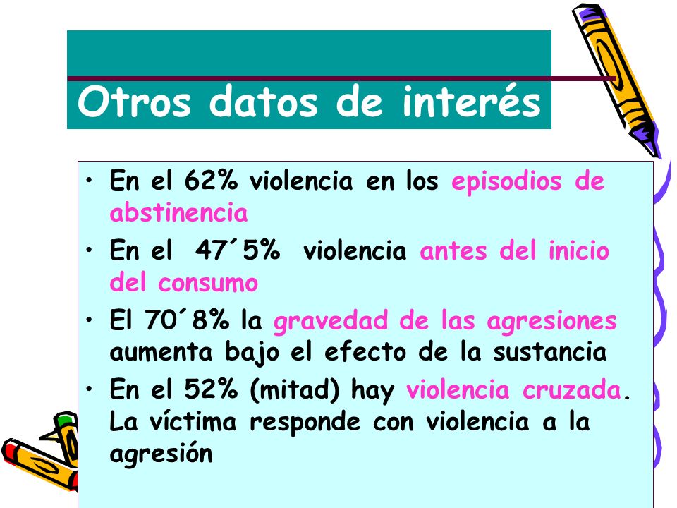 Otros datos de interés En el 62% violencia en los episodios de abstinencia. En el 47´5% violencia antes del inicio del consumo.
