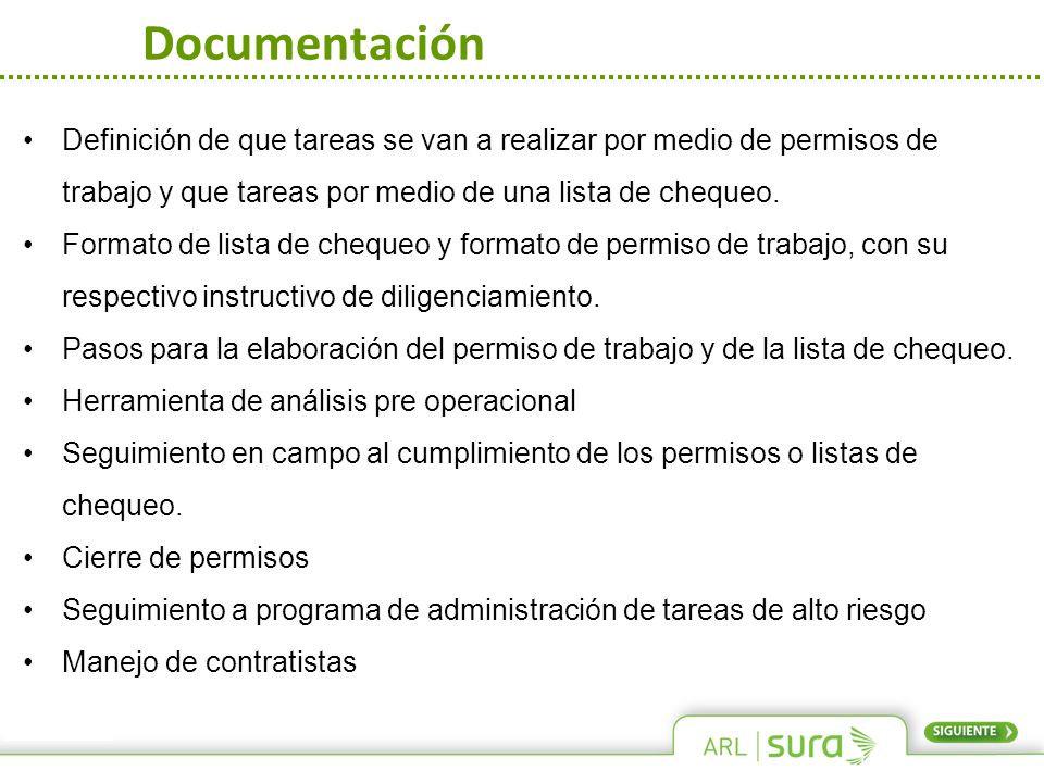 Documentación Definición de que tareas se van a realizar por medio de permisos de trabajo y que tareas por medio de una lista de chequeo.
