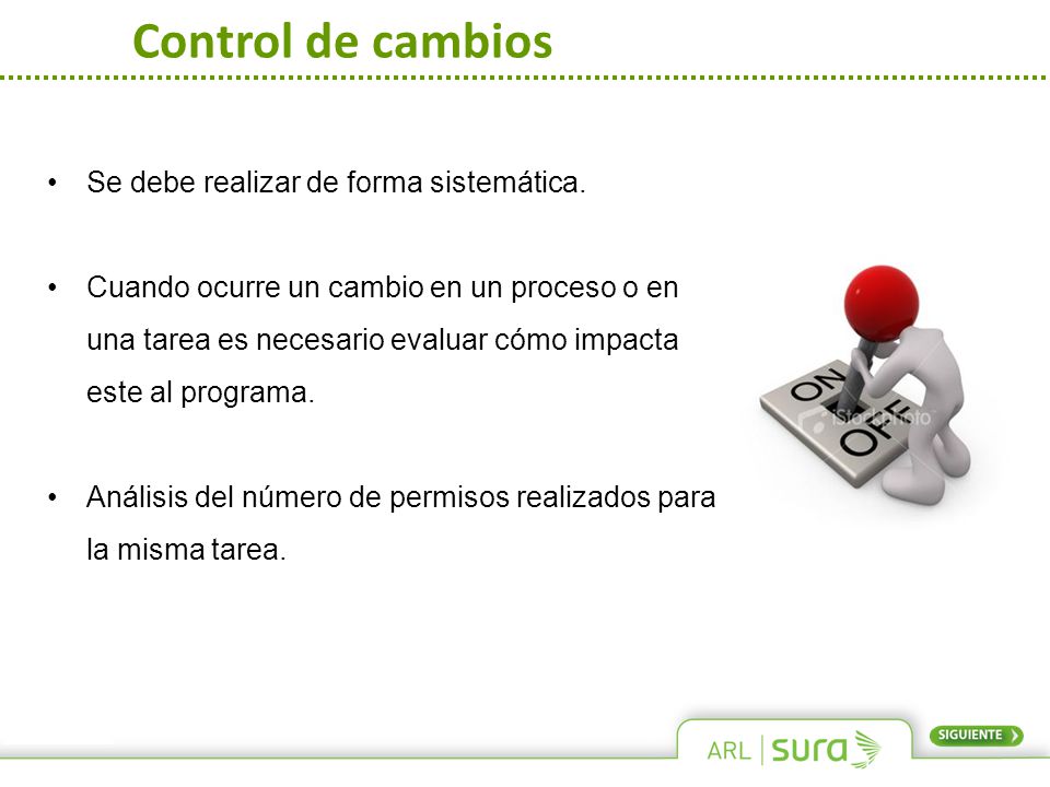 Control de cambios Se debe realizar de forma sistemática.