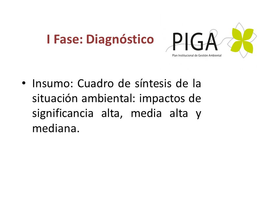 I Fase: Diagnóstico Insumo: Cuadro de síntesis de la situación ambiental: impactos de significancia alta, media alta y mediana.