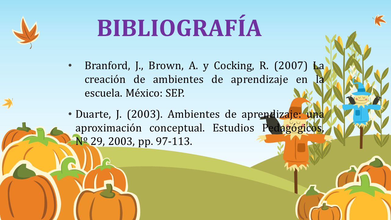 BIBLIOGRAFÍA Branford, J., Brown, A. y Cocking, R. (2007) La creación de ambientes de aprendizaje en la escuela. México: SEP.