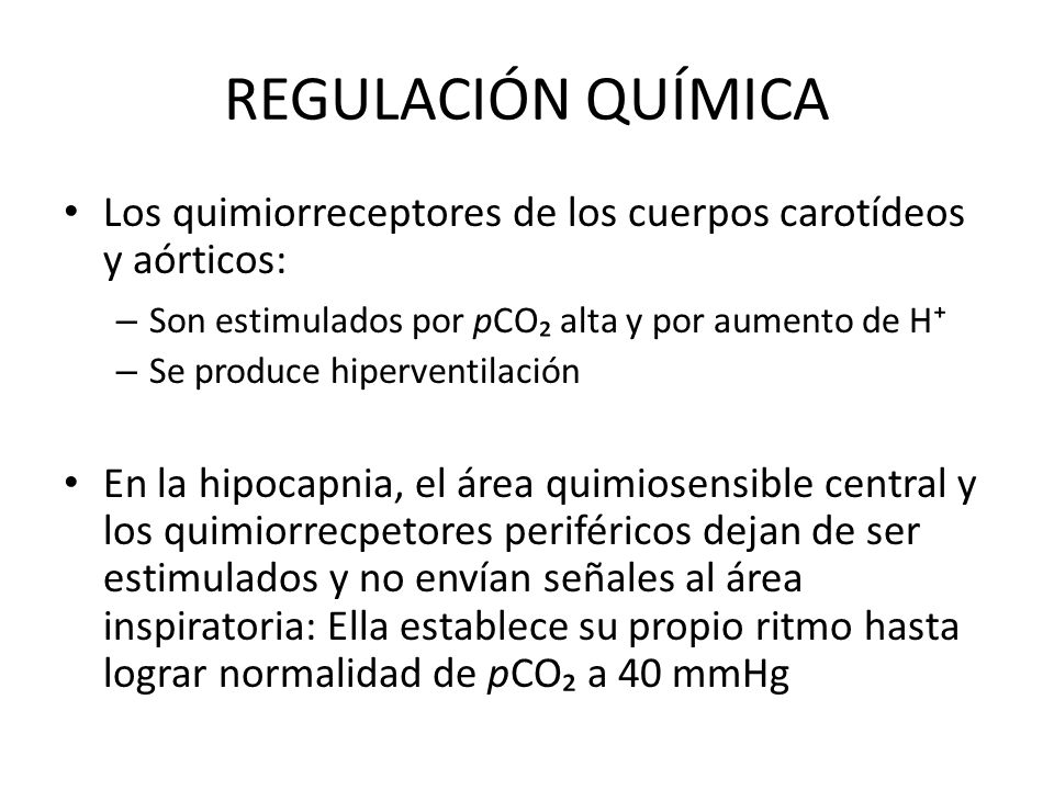 REGULACIÓN QUÍMICA Los quimiorreceptores de los cuerpos carotídeos y aórticos: Son estimulados por pCO₂ alta y por aumento de H⁺