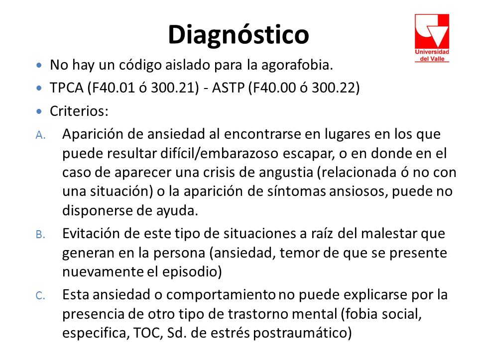 Diagnóstico No hay un código aislado para la agorafobia.