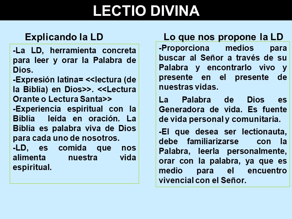 LECTIO DIVINA Explicando la LD Lo que nos propone la LD