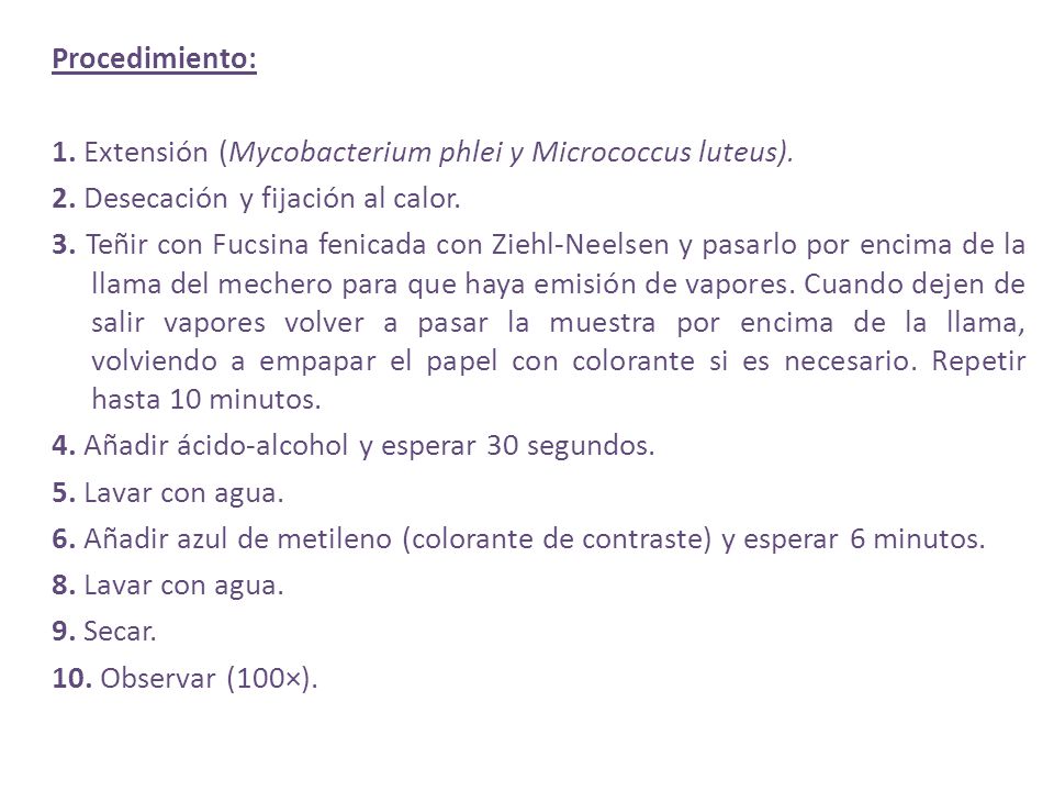 Procedimiento: 1. Extensión (Mycobacterium phlei y Micrococcus luteus). 2. Desecación y fijación al calor.