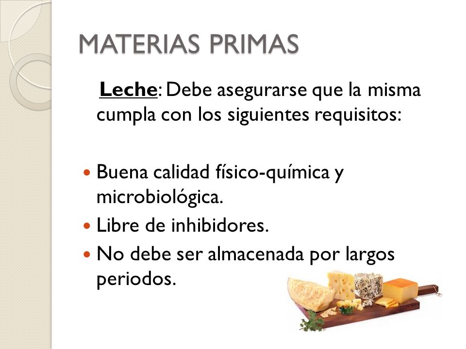 MATERIAS PRIMAS Leche: Debe asegurarse que la misma cumpla con los siguientes requisitos: Buena calidad físico-química y microbiológica.