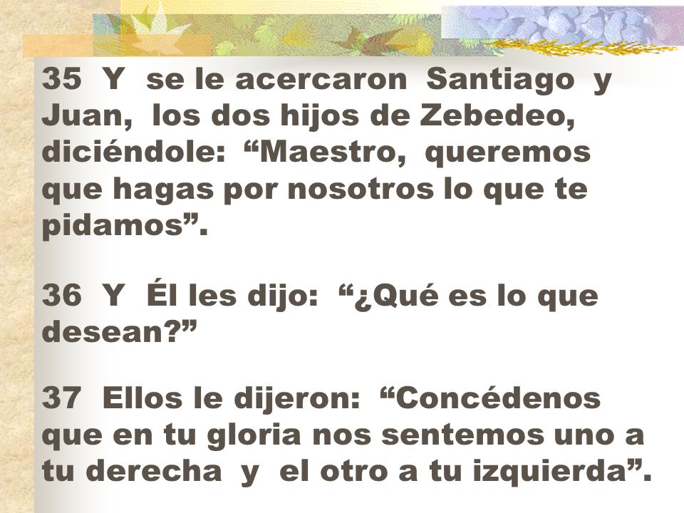 35 Y se le acercaron Santiago y Juan, los dos hijos de Zebedeo, diciéndole: Maestro, queremos que hagas por nosotros lo que te pidamos .