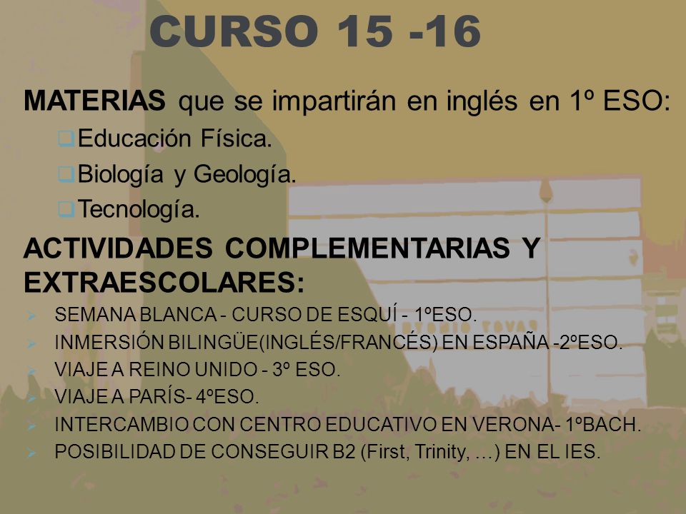 CURSO MATERIAS que se impartirán en inglés en 1º ESO: