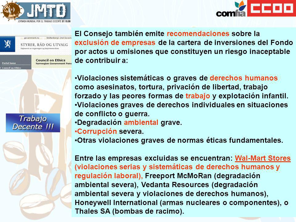 El Consejo también emite recomendaciones sobre la exclusión de empresas de la cartera de inversiones del Fondo por actos u omisiones que constituyen un riesgo inaceptable de contribuir a: