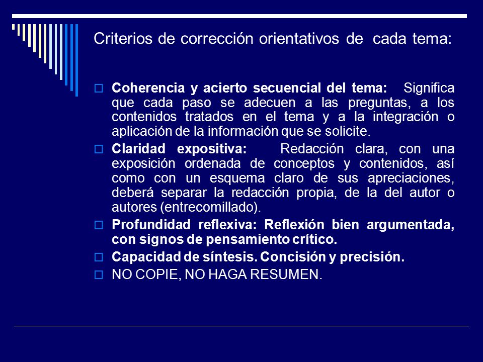 Criterios de corrección orientativos de cada tema: