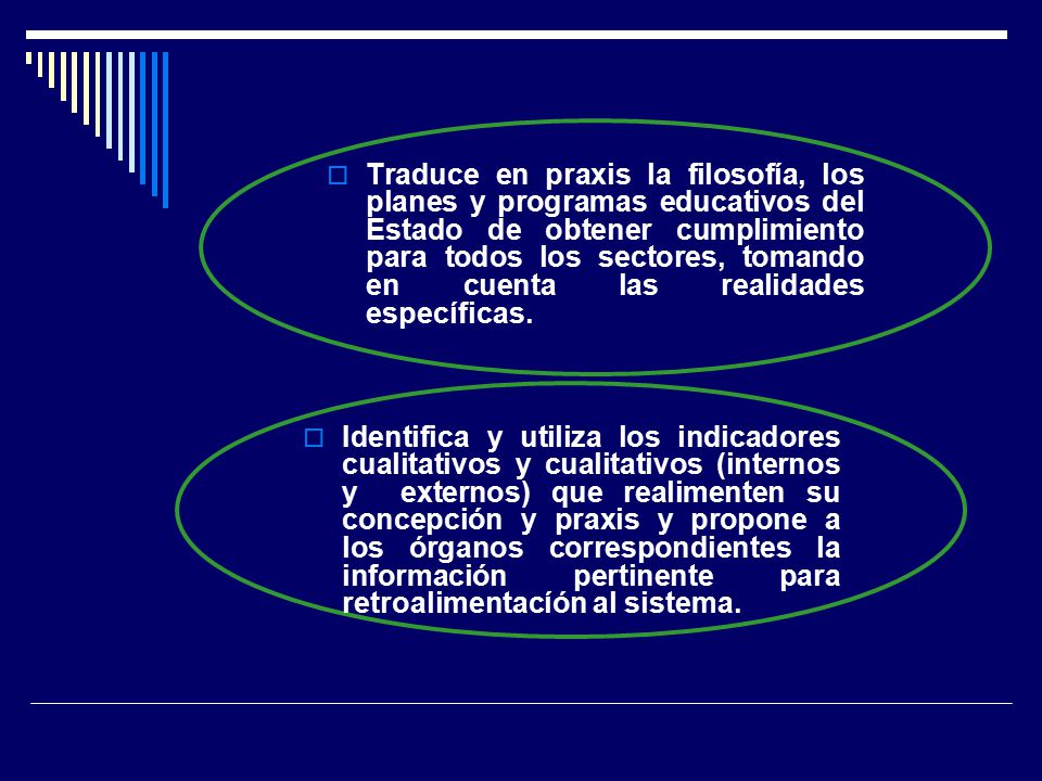 Traduce en praxis la filosofía, los planes y programas educativos del Estado de obtener cumplimiento para todos los sectores, tomando en cuenta las realidades específicas.