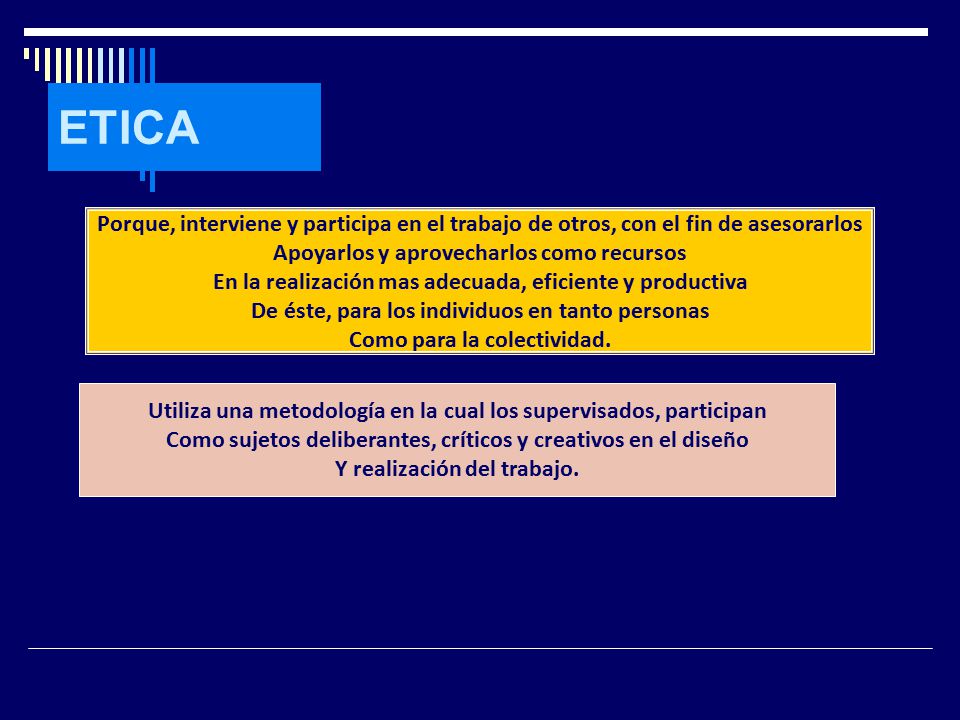 ETICA Porque, interviene y participa en el trabajo de otros, con el fin de asesorarlos. Apoyarlos y aprovecharlos como recursos.
