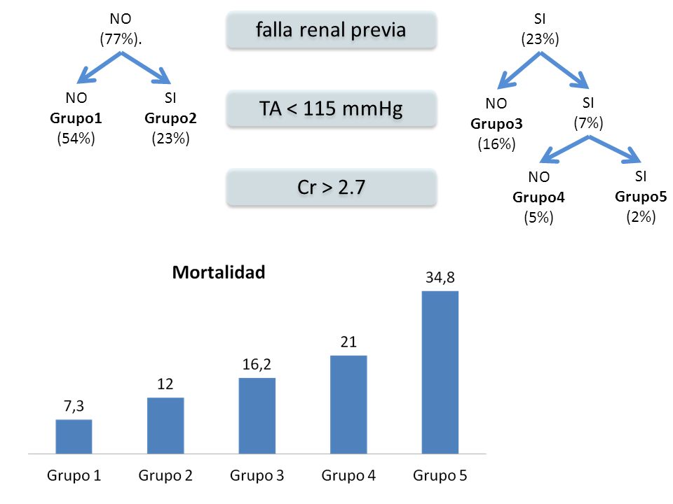 falla renal previa TA < 115 mmHg Cr > 2.7 NO (77%). SI (23%) NO