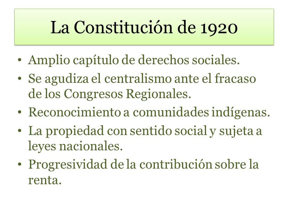 La Constitución de 1920 Amplio capítulo de derechos sociales.