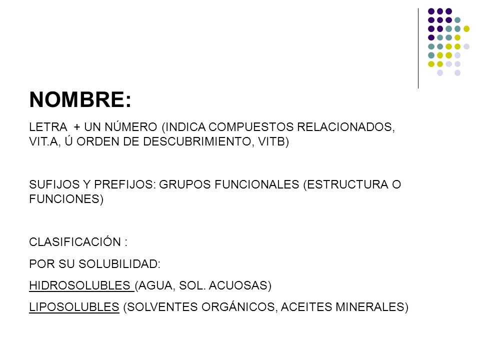 NOMBRE: LETRA + UN NÚMERO (INDICA COMPUESTOS RELACIONADOS, VIT.A, Ú ORDEN DE DESCUBRIMIENTO, VITB)