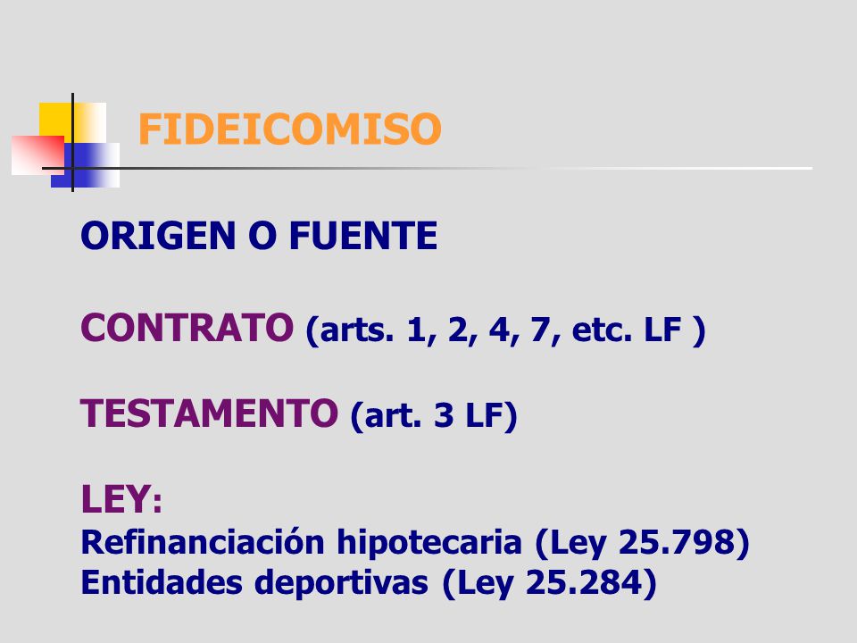 FIDEICOMISO ORIGEN O FUENTE CONTRATO (arts. 1, 2, 4, 7, etc. LF )