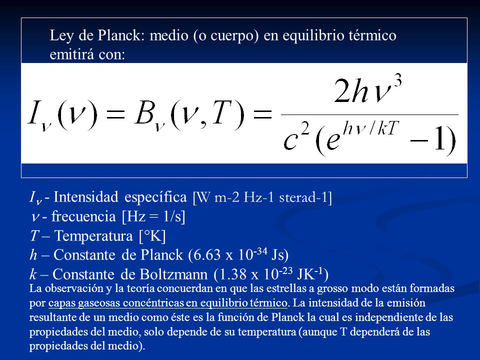 Ley de Planck: medio (o cuerpo) en equilibrio térmico emitirá con: