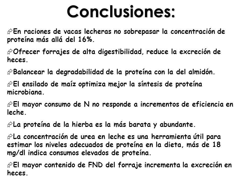 Conclusiones: En raciones de vacas lecheras no sobrepasar la concentración de proteína más allá del 16%.